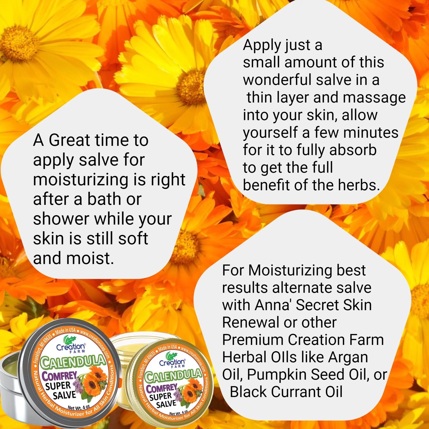 Calendula Comfrey Salve Jar 4 Oz, Herbal Skin Rash Ointment, Wound Treatment