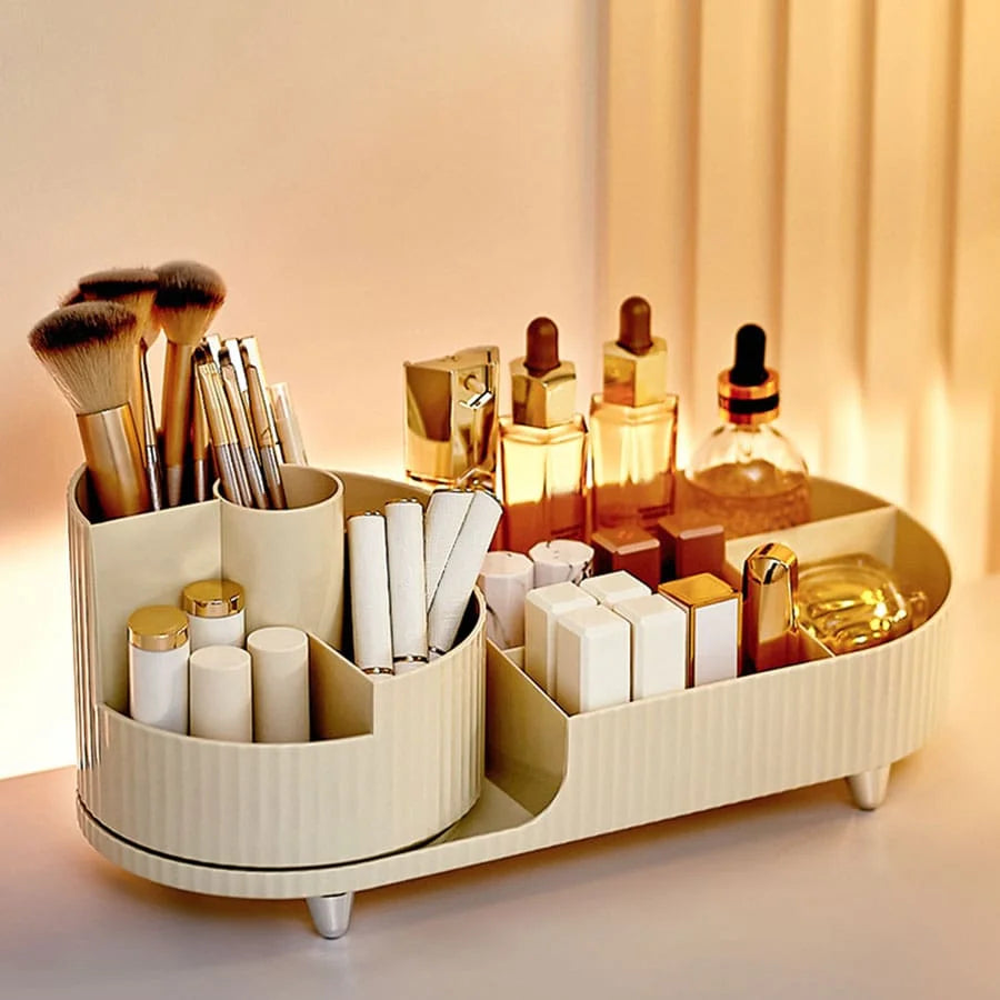 Makeup Organizer with Rotating Base and Divided Compartments for Lipsticks and Skincare Products