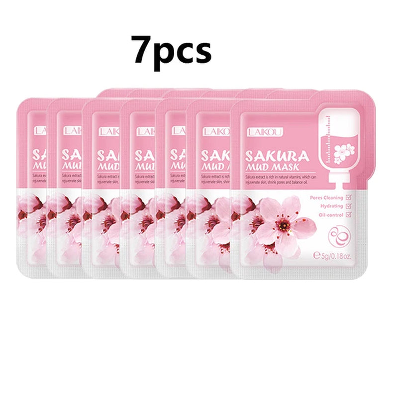 7Pcs Japan Sakura Mud Face Mask Cleansing Brightening Moisturizing Oil-Control Clay Mask Packs Facial Skin Care