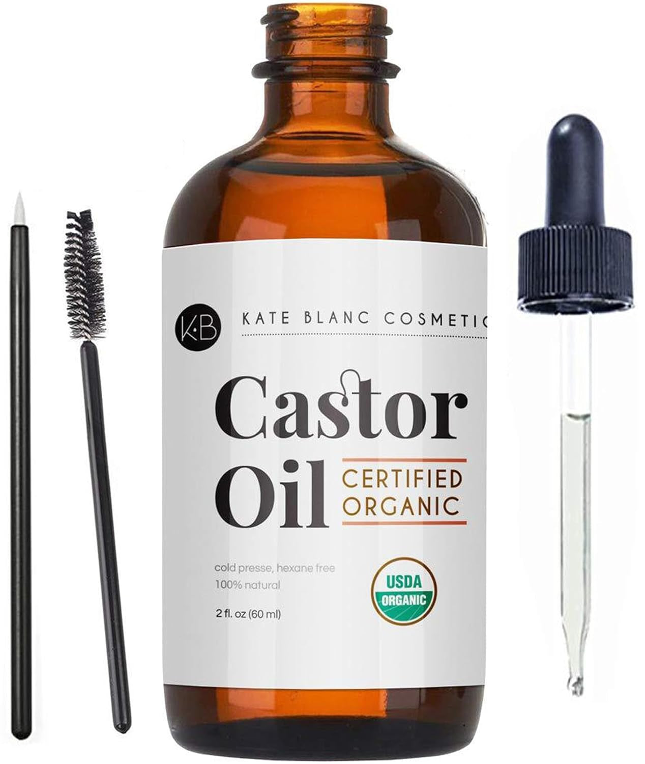 Castor Oil (2Oz), USDA Certified Organic, 100% Pure, Cold Pressed, Hexane Free. Stimulate Growth for Eyelashes, Eyebrows, Hair. Skin Moisturizer & Hair Treatment Starter Kit