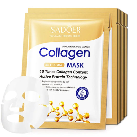 10Pcs SADOER Collagen Face Mask Moisturizing Firming Hydrating Brightening Skincare Face Sheet Mask Facial Masks Skin Care