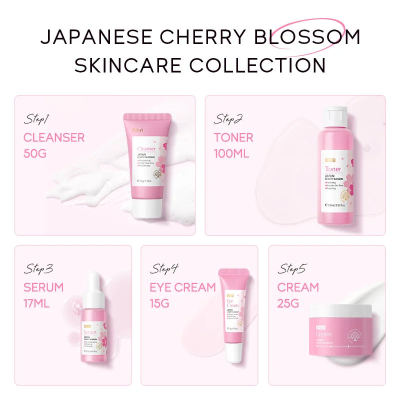 5Pcs Sakura Skin Care Kit Face Cream Serum Toner Facial Cleanser Eye Cream Moisturizing anti Wrinkle Face Skin Care Products