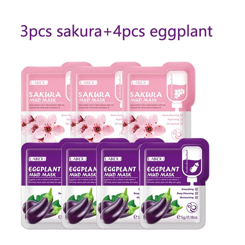 7Pcs Japan Sakura Mud Face Mask Cleansing Brightening Moisturizing Oil-Control Clay Mask Packs Facial Skin Care