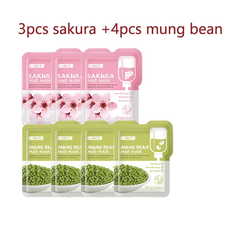 7Pcs Japan Sakura Mud Face Mask Cleansing Brightening Moisturizing Oil-Control Clay Mask Packs Facial Skin Care