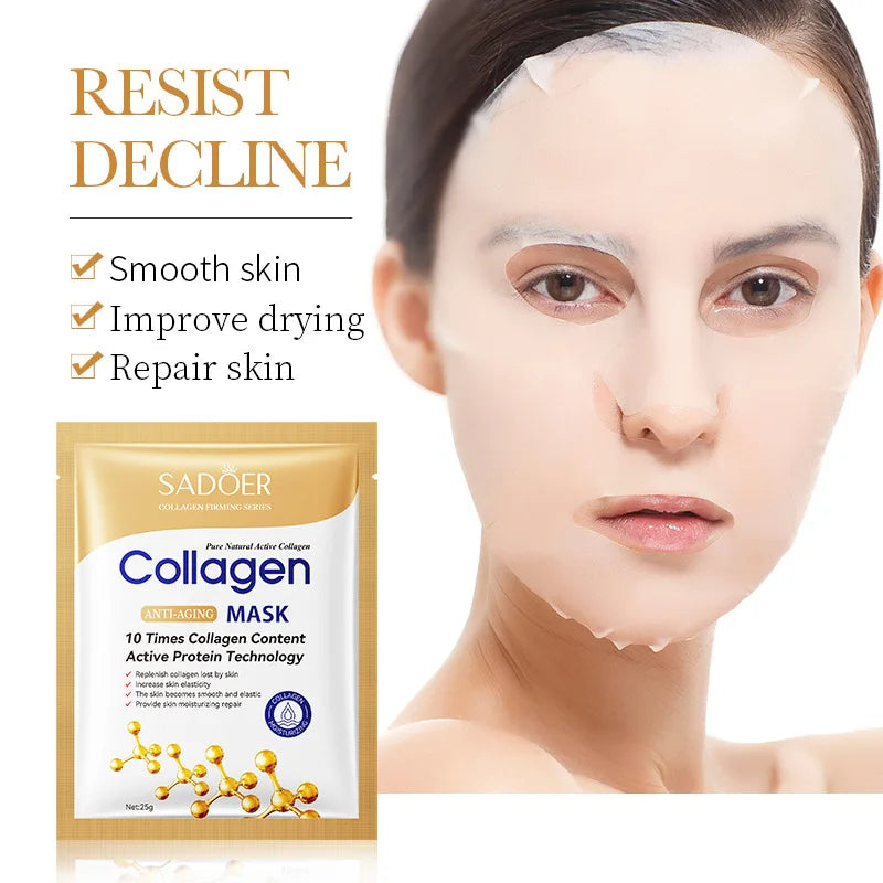 10Pcs SADOER Collagen Face Mask Moisturizing Firming Hydrating Brightening Skincare Face Sheet Mask Facial Masks Skin Care