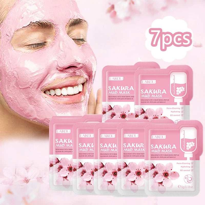 7Pcs Japan Sakura Mud Face Mask Cleansing Brightening Moisturizing Oil-Control Clay Mask Packs Facial Skin Care