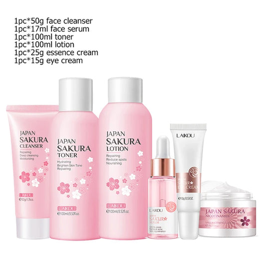 Sakura Facial Cleaner Korean Face Serum Reduce Acne Peeling Gel Moisturize Fade Dark Circles Eye Cream Cosmetics Skin Care Set