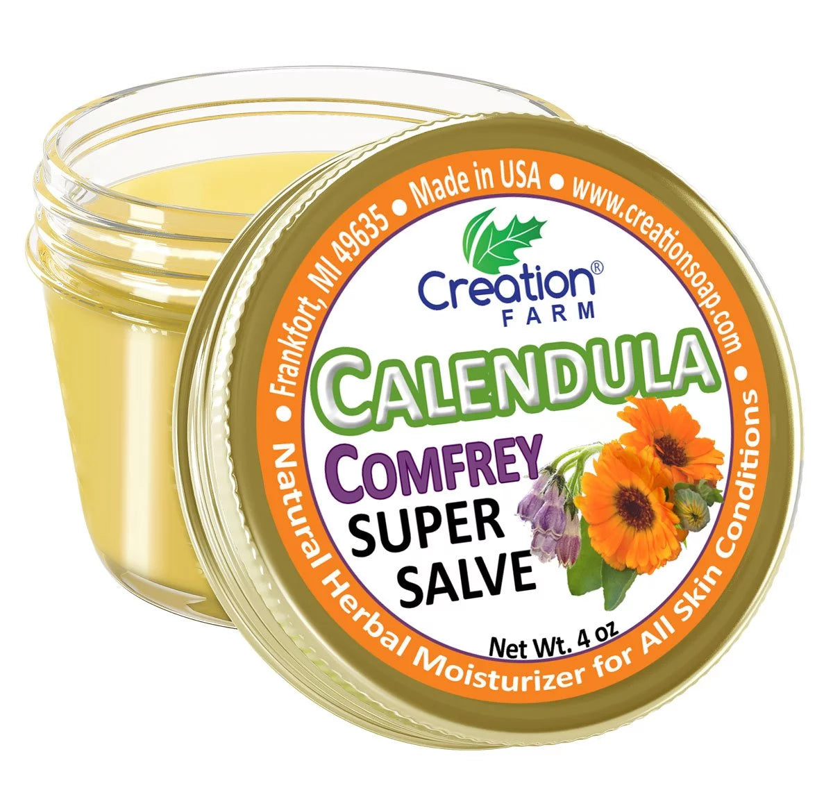 Calendula Comfrey Salve Jar 4 Oz, Herbal Skin Rash Ointment, Wound Treatment