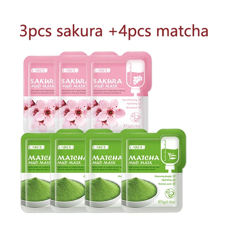 7Pcs Japan Sakura Mud Face Mask Cleansing Brightening Moisturizing Oil-Control Clay Mask Packs Facial Skin Care